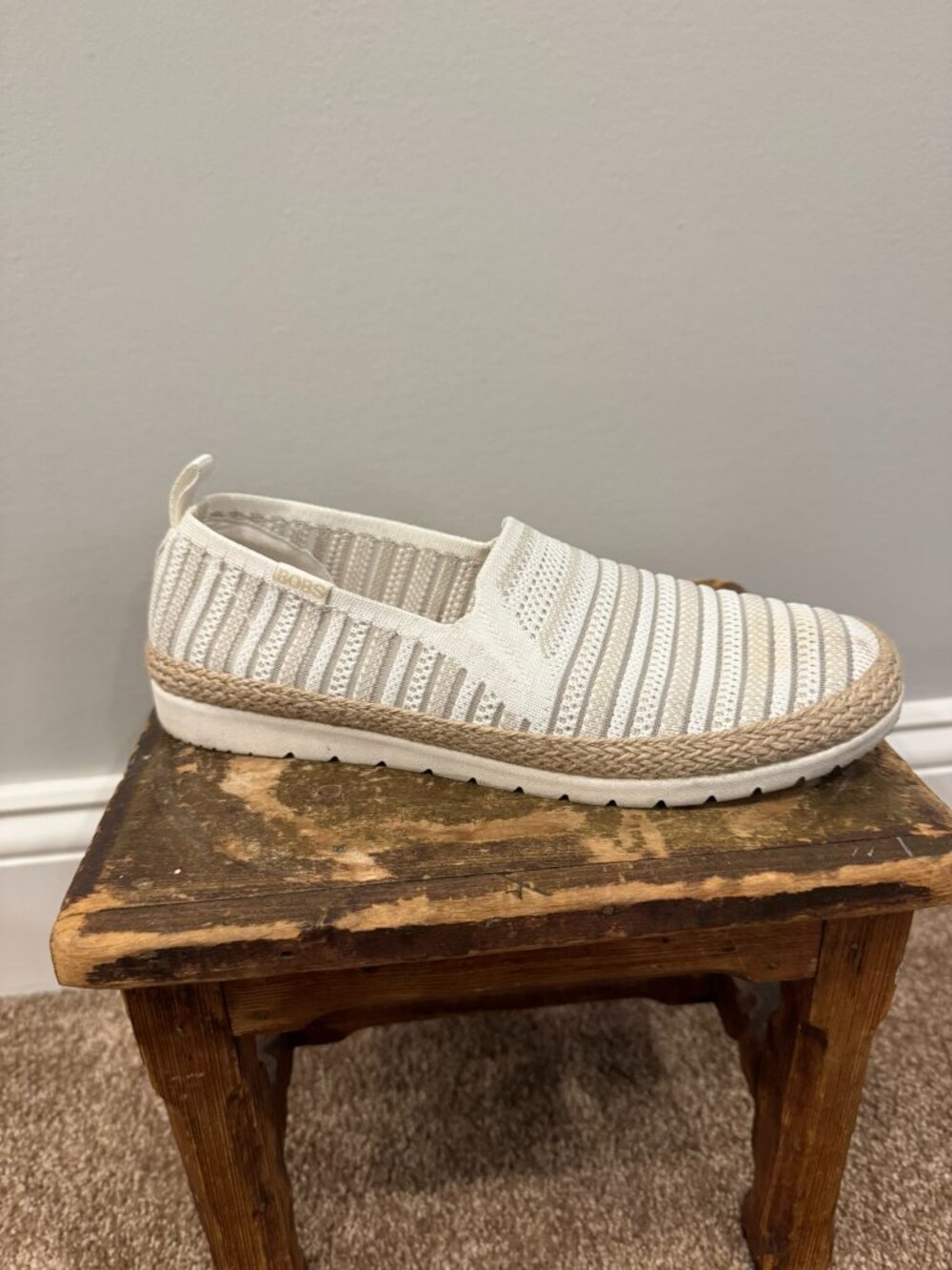 White and Tan Skechers BOBS Flexpadrille 3.0 Slip-On Shoes - Women's 7